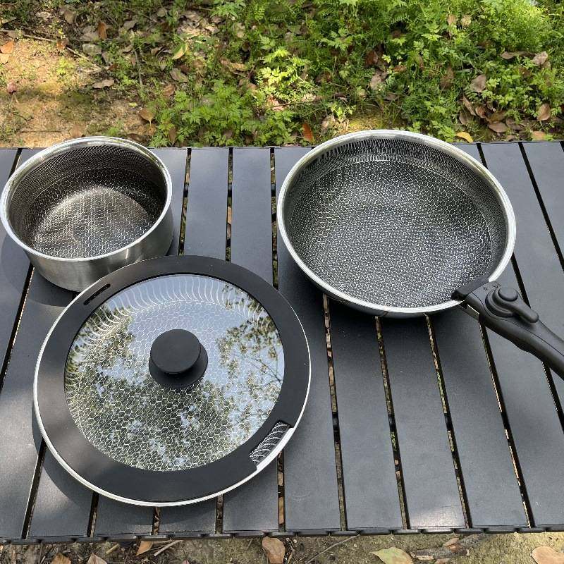 户外便携锅具套装可拆卸餐具野营套不粘锅涂层平底锅304无不锈钢