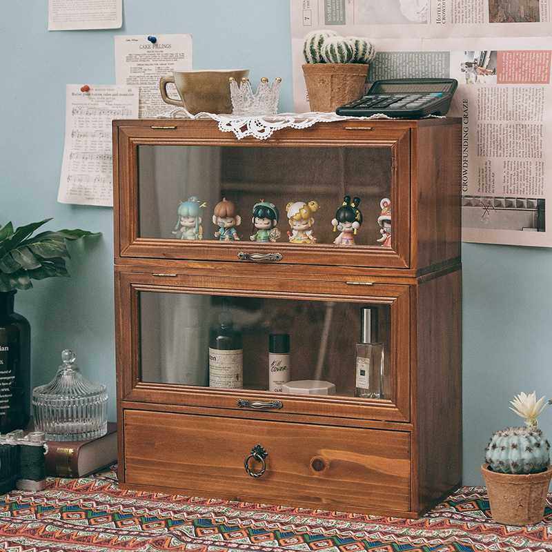 复古装饰桌面收纳盒带抽屉式储物高低化妆品置物架组合盒木质柜,收纳整理,化妆品收纳架,淘宝优惠券,粉丝福利购,淘宝优惠卷