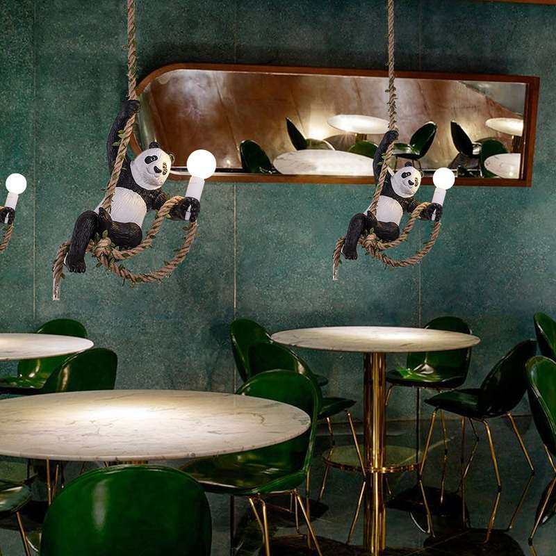 北欧创意个性动物园装饰麻绳餐厅吊灯酒吧灯民宿木屋风格熊猫植物