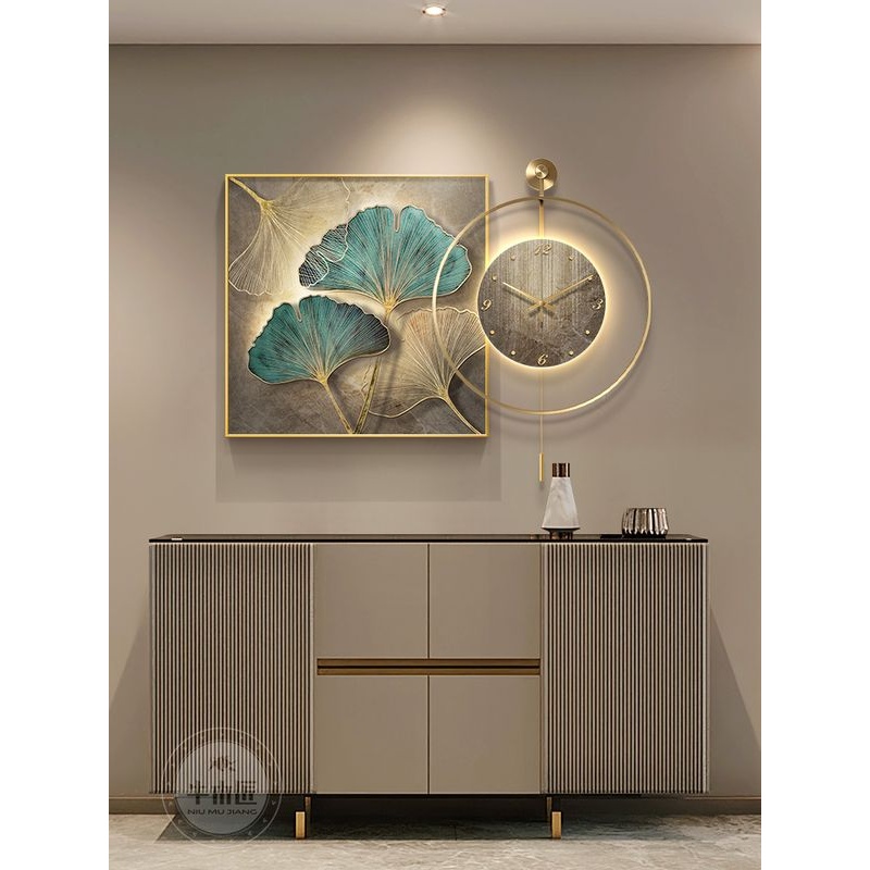 银杏叶餐厅装饰画轻奢高级感餐桌背景墙挂钟简约现代客厅时钟壁画