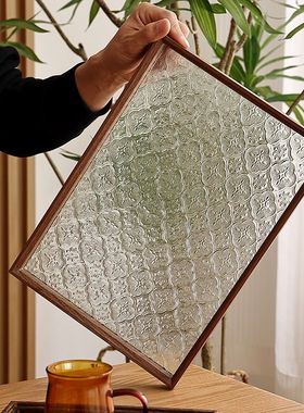 复古绿色压花海棠花玻璃托盘实收纳茶托木托盘装饰盘家用咖啡盘子