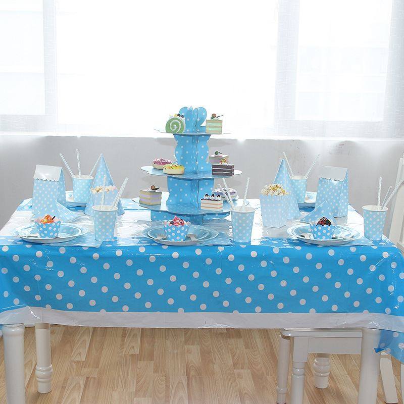 儿童派对生日用品一次性蛋糕蓝色帽桌布纸盘12生日架纸杯人圆点