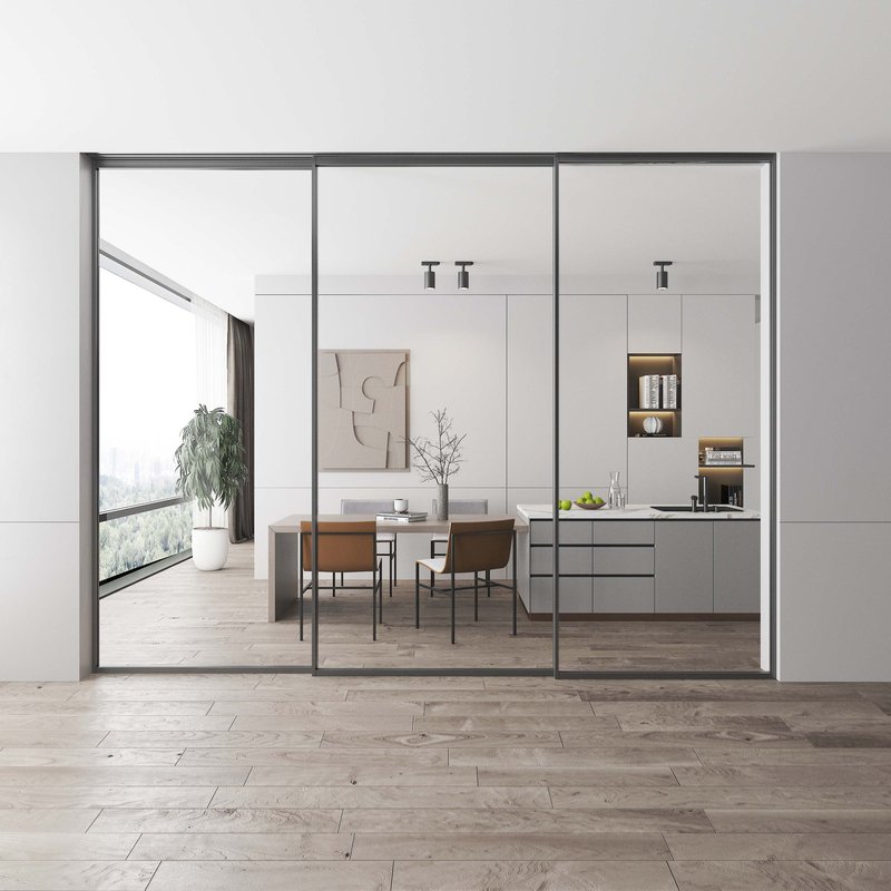 厨房推拉门极窄三联动地轨隐藏式铝合金阳台客厅钢化玻璃吊轨移门