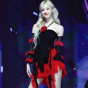 红黑舞蹈服舞蹈服套装女团黑红不规则连衣裙打歌服舞台演出服