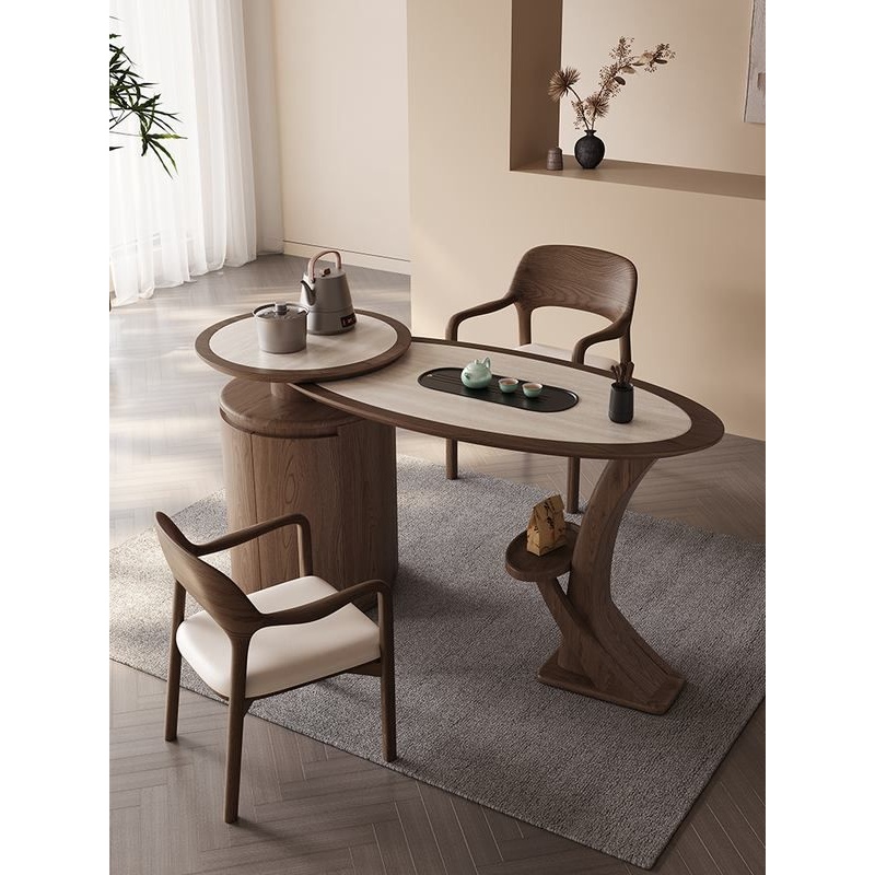 原本原木实木茶桌高级感茶台办公室泡茶一体新中式椭圆岩板茶台桌