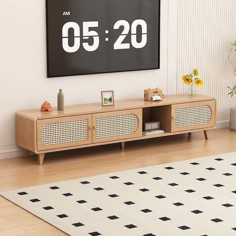 现代简约藤编电视机柜客厅胡桃原木色落地小户型柜中式影视柜家用