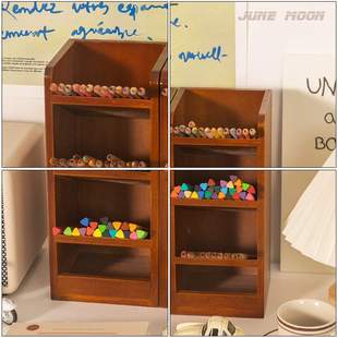 笔筒办公室书桌文具收纳盒桌面储桶抽屉式笔置物架木制刷刷化妆物