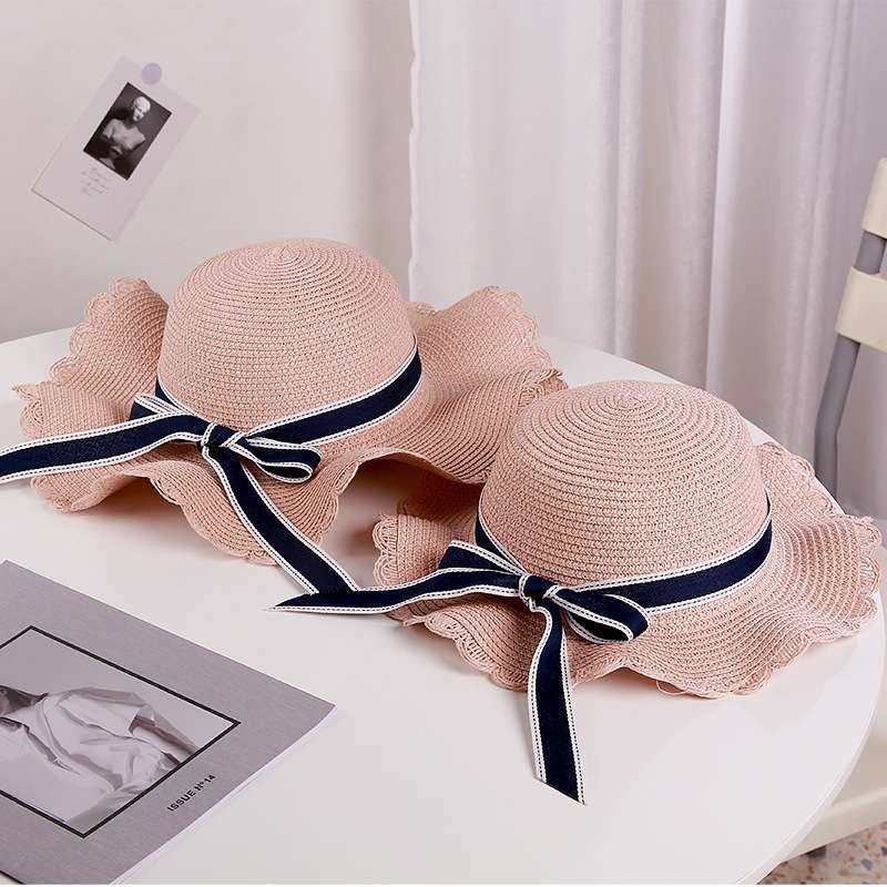 亲子款草帽韩版条纹度假出游夏季沙滩草帽潮防晒女童大沿帽蝴蝶结
