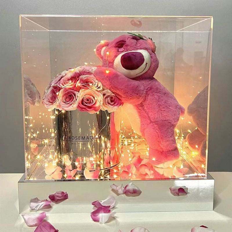 梦纳亚克力盒子永生花高清镜面小熊底座防尘罩透明礼盒玩具-玫瑰