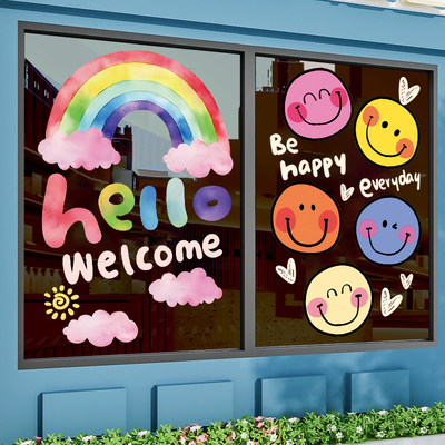 创意笑脸花朵玻璃门贴纸幼儿园卡通橱窗装饰贴画欢迎光临静电海报