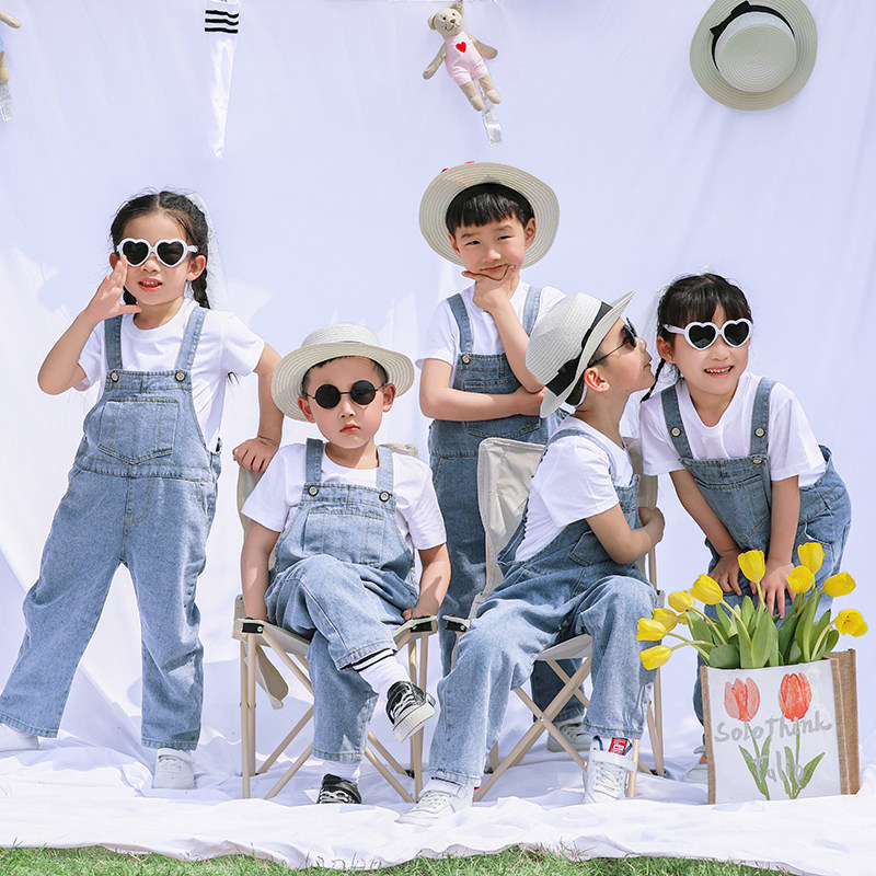 女童男童浅蓝色牛仔背带裤套装夏季纯白短袖儿童毕业合唱表演出服