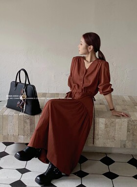 帛bo燃ran b2d8570 砖红色连衣裙 时尚长裙 高品质实体店秋新款女