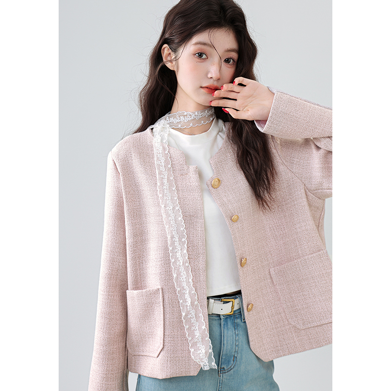 粉色圆领小香风短外套女2025春秋新款设计感气质小西装开衫上衣潮