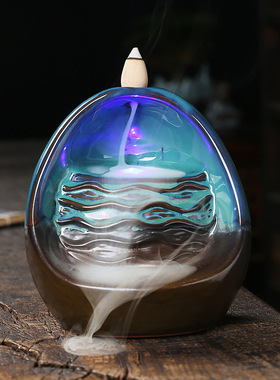 静尘 跨境陶瓷LED灯香薰炉倒流香创意檀香大号蓝色回流炉家居摆件