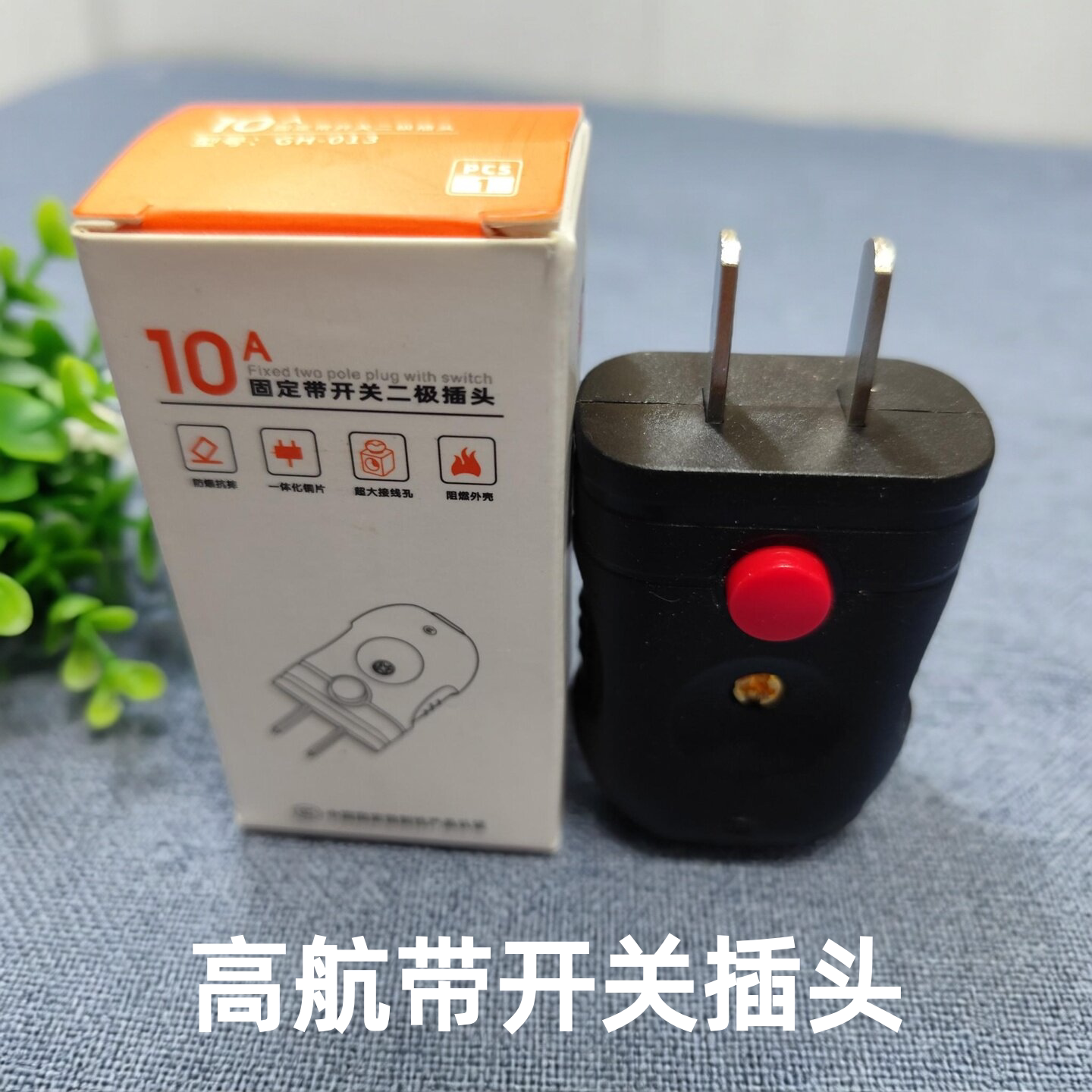高航10A纯铜带开关两脚插头