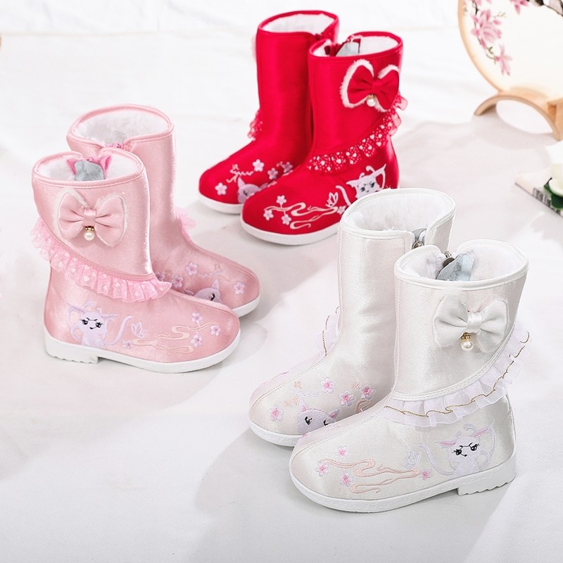 原创女童汉服鞋冬棉靴子礼服高筒加绒棉靴儿童绣花鞋中国风雪地靴