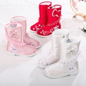 原创女童汉服鞋 冬棉靴子礼服高筒加绒棉靴儿童绣花鞋 中国风雪地靴