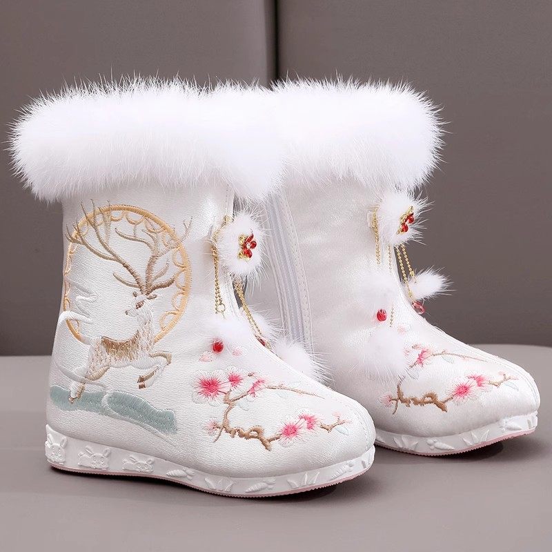 儿童靴冬女童汉服鞋中国风宝宝绣花雪地靴新年公主拜年靴加绒古装