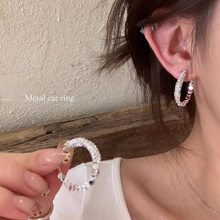 复古港风银色镶钻锆石方块小耳圈耳环女设计感精致轻奢网红百搭潮