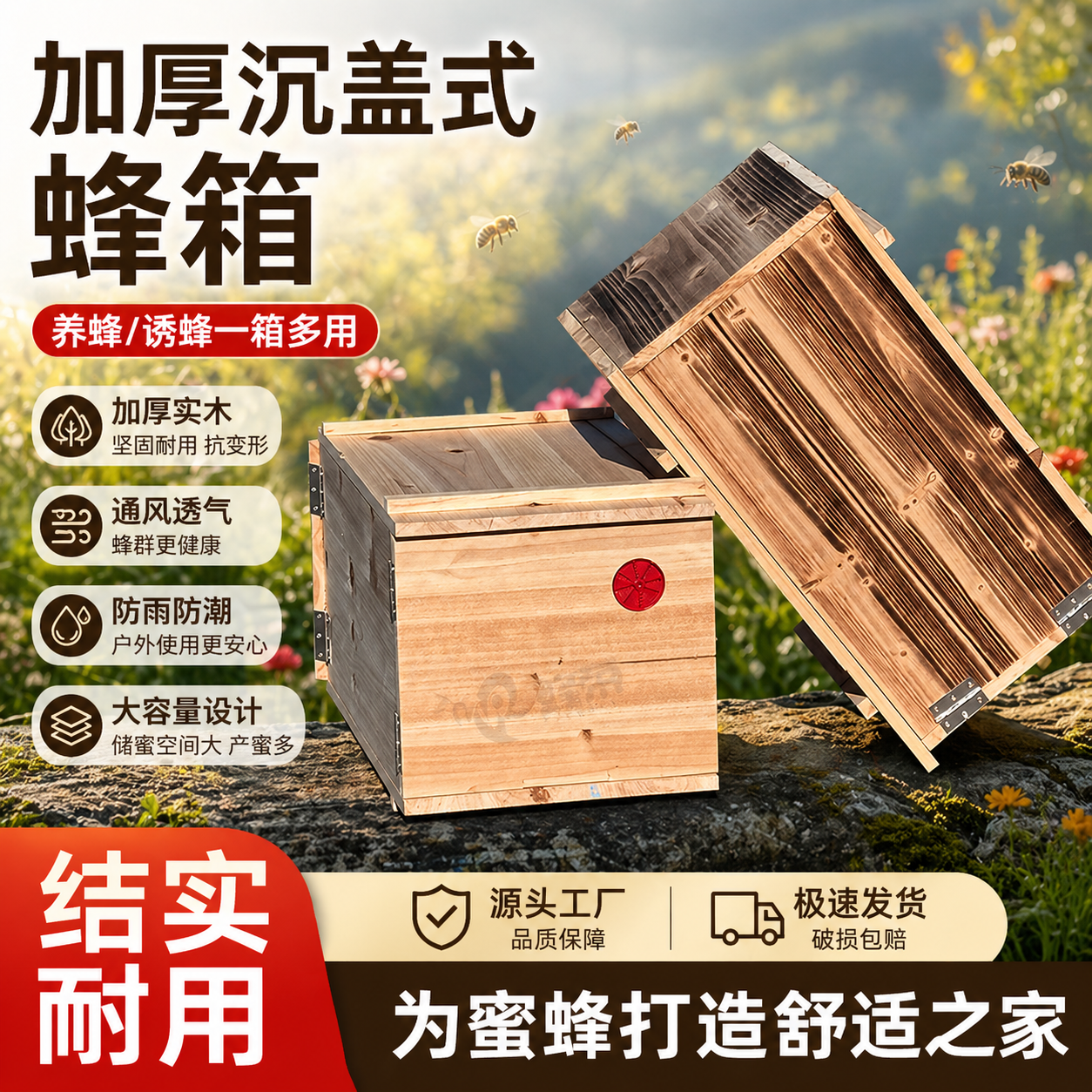 沉盖式蜂箱土养中蜂箱全套单双开门诱蜂箱老式蜂桶无需巢框蜜蜂箱