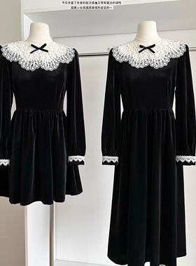 赫本千金风撞色蕾丝拼接丝绒连衣裙秋冬收腰长袖小黑裙生日礼服裙