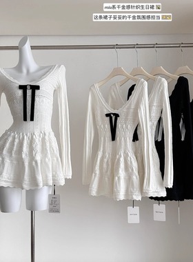 千金感miu系长袖连衣裙女白月光韩系巨好看绝美蝴蝶结针织小白裙