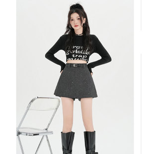 法式亮闪闪高级灰色毛呢短裙裤女秋冬好看高腰显瘦气质a字半身裙