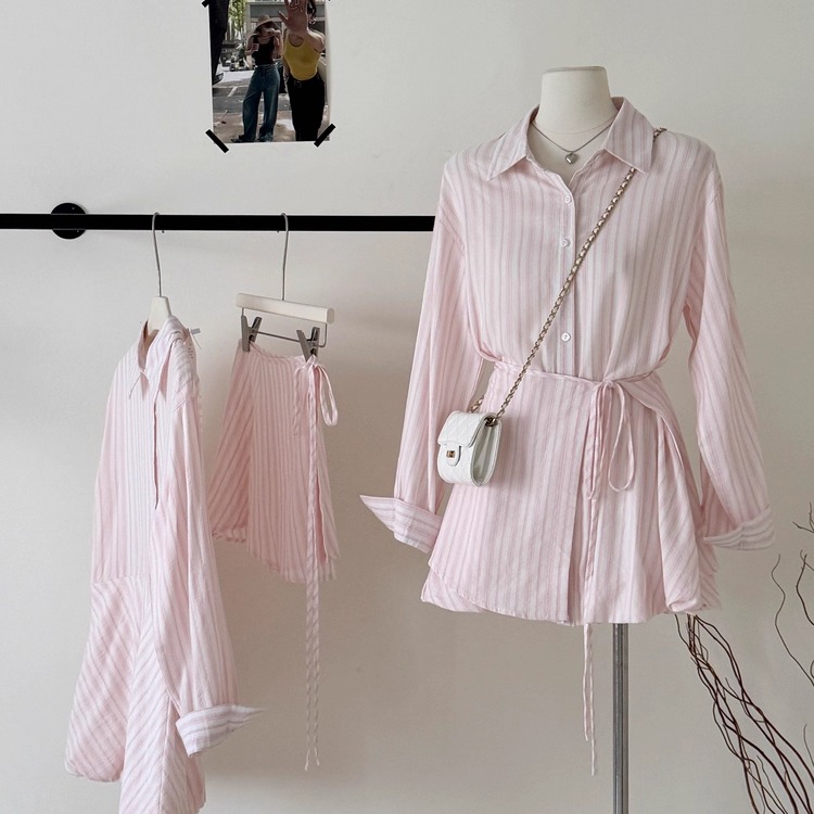 粉色条纹长袖收腰衬衫连衣裙女