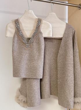 冬季穿搭一整套高级感狐狸毛针织开衫女重工镶钻吊带背心两件套装