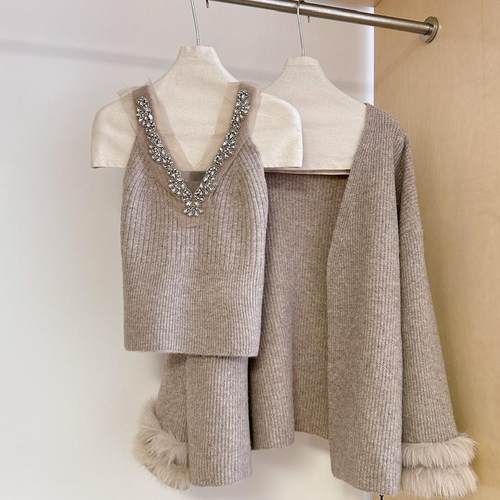 狐狸毛针织开衫女吊带背心两件套