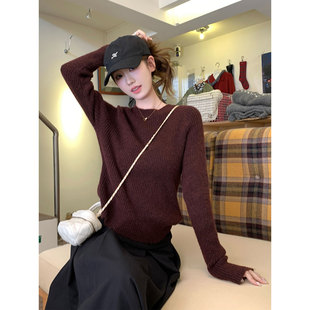 咖色韩系温柔风宽松慵懒软糯针织衫上衣女秋冬气质内搭毛衣打底衫