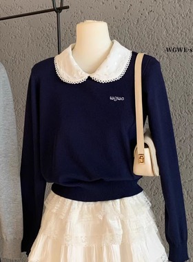 甜美可爱刺绣娃娃领针织衫女装秋冬韩系洋气减龄巨好看的长袖毛衣