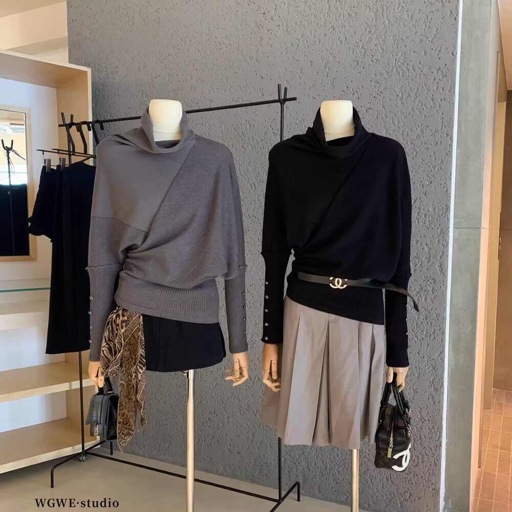 针织衫女秋冬慵懒堆堆领长袖毛衣