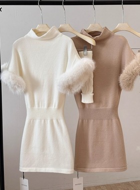 2025冬季高领针织毛毛袖针织连衣裙女高级感性感毛衣短裙子配袖套