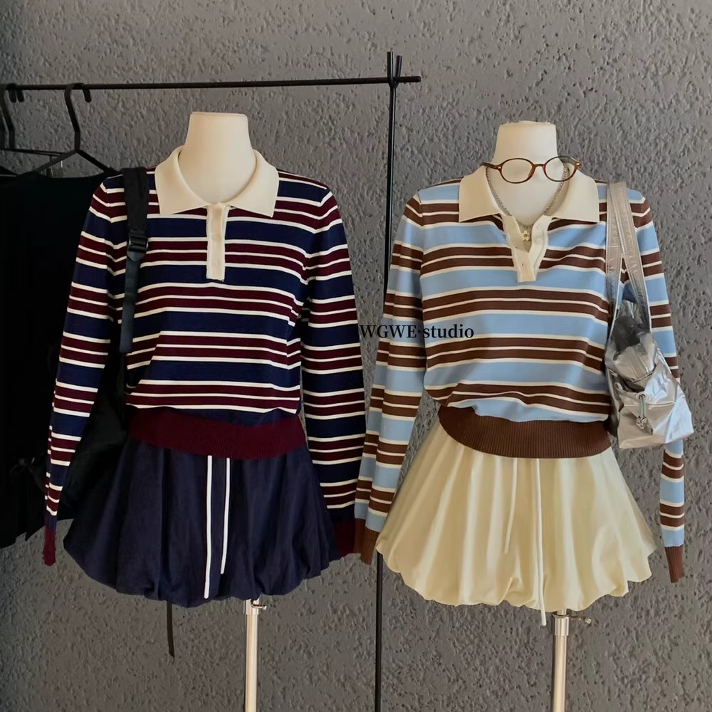 polo条纹针织衫女+蓬蓬半身裙