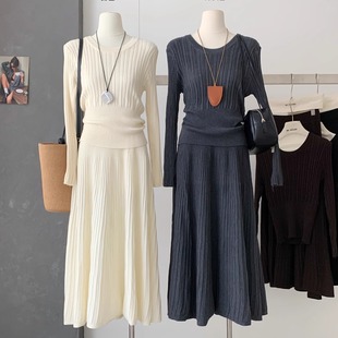 两件套 休闲半身裙巨好看 韩系早秋穿搭软糯毛衣针织打底衫 上衣