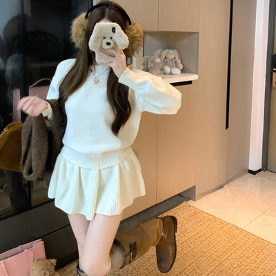 江浙沪千金白色长袖针织连衣裙