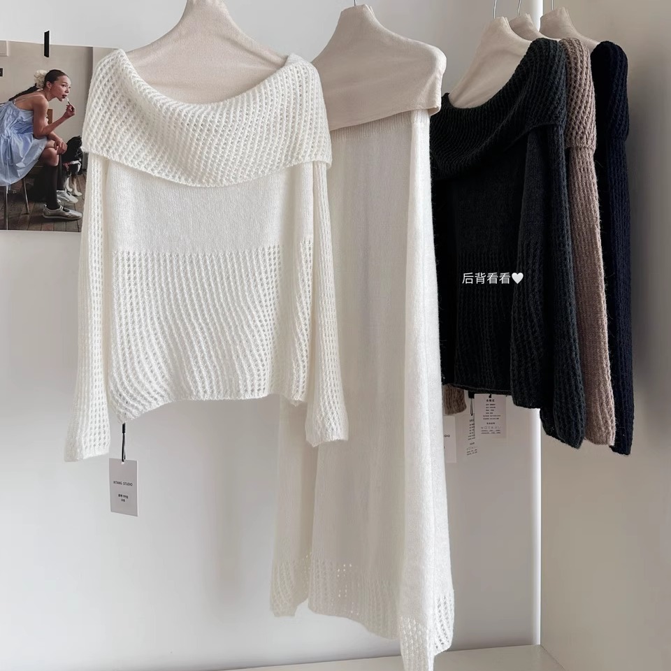 露肩镂空微透毛衣针织衫+半身裙