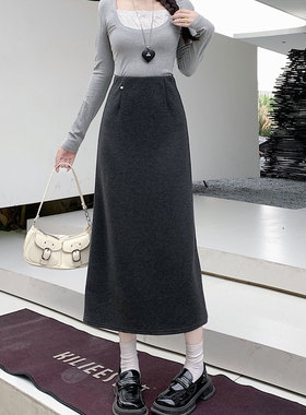 灰色羊绒毛呢半身裙春季气质长裙直筒A字一步裙中长款黑色包臀裙