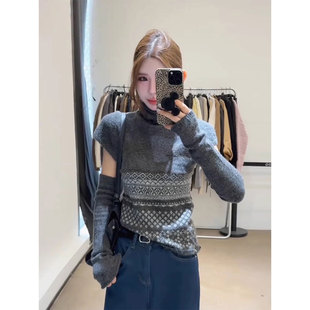 韩系灰色高领提花针织衫女春秋独特漂亮毛衣内搭打底短款袖套上衣