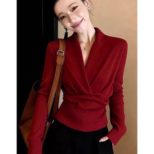 轻熟红色交叉扭结V领针织衫女2026春季显瘦长袖修身显白毛衣上衣