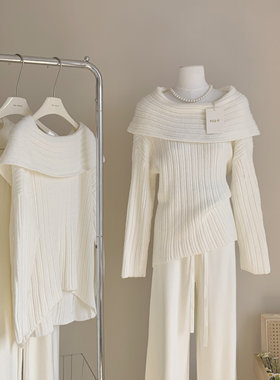 沉溺于温柔 一字领露肩毛衣女套头23气质软绵绵针织衫厚正反两穿