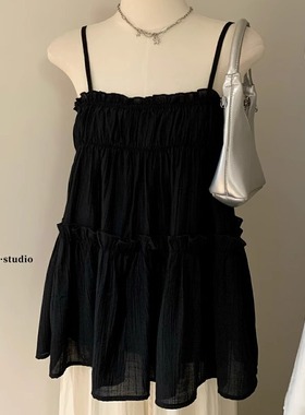 甜美木耳边抽褶宽松背心女夏外穿法式娃娃衫绝美白色吊带无袖上衣