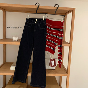 深蓝色阔腿牛仔裤 裤 女宽松微喇阔腿裤 型超好看 子 版 今年流行爆款