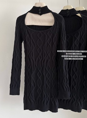 黑色镂空长袖毛衣连衣裙女装秋冬修身高弹力针织包臀短裙打底裙子