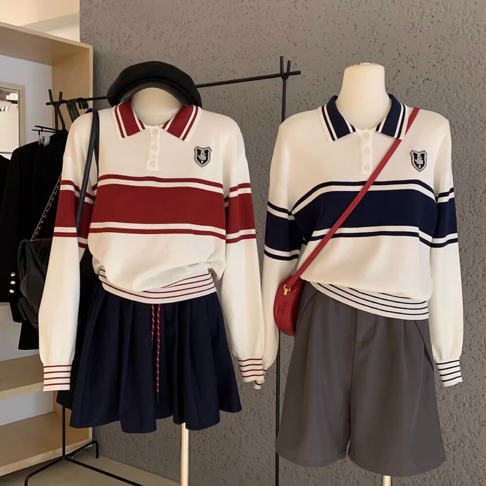 秋冬学院风撞色POLO领毛衣针织衫