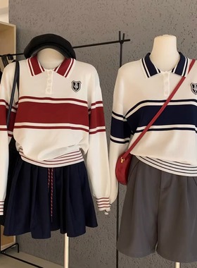 学院风撞色POLO领长袖T恤女装秋冬设计感宽松独特上衣毛衣针织衫