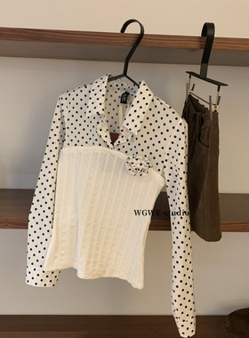 法式甜美假两件波点拼接针织长袖T恤女别致绝美立体花朵衬衫上衣