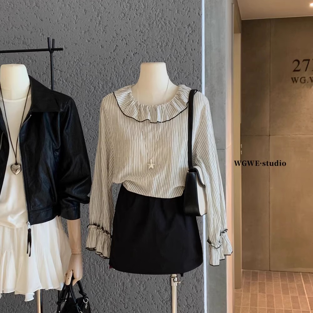 条纹荷叶领喇叭袖衬衫上衣早秋季法式复古显瘦气质打底衫长袖衬衣