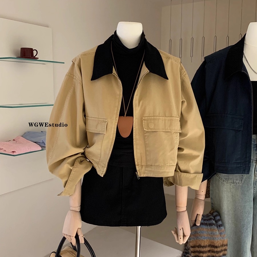 卡其色长袖美式复古外套女夹克秋